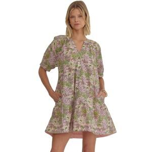 NWT Entro Pink Green Floral Cotton Mini Dress with Pockets Small